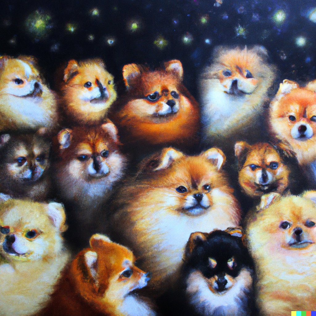 #世界犬の日 なのでDALL·Eで生成した「宇宙と同時に誕生したたくさんの大型犬」と「ビッグバンと同時に生まれた多くのポメラニアン」を置いておきます。#dalle