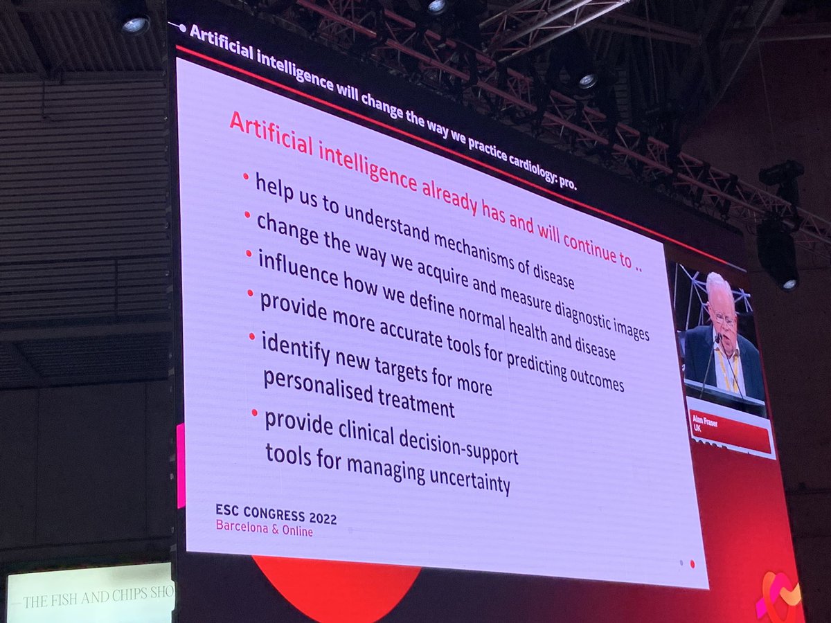 Prof Alan Fraser from <a href="/cardiffuni/">Cardiff University</a>, <a href="/coremdproject/">CORE-MD</a> coordinator, opening the Debate on how “#AI will change the way we practice #cardiology” now on #ESCCongress #Gaudi stage shows real potentials beyond the peak of the expectations’ hype we currently observe ⬇️ #DigitalHealth