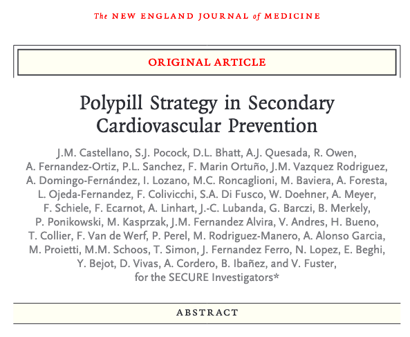🚨SECURE TRIAL now on NEJM! Polypill better than usual care in secondary prevention after MI! Spanish Investigation on top of @escardio 🇪🇸 Congrats Dr Castellano @CNIC_CARDIO and thnks for the opportunity to collaborate @secardiologia @clinica_sec  @acorderofort @Borjaibanez1