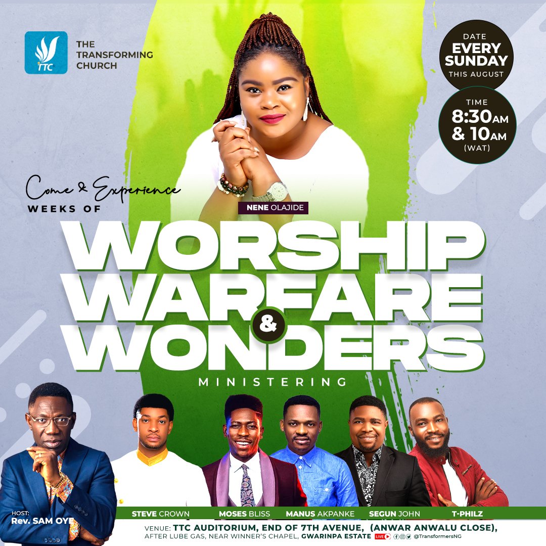 TransformersNG's tweet photo. Join Nene Olajide live in worship this Sunday @TransformersNG 

We look forward to hosting you in any of our 2 services 8:30am OR 10:00am

#Worship
#TTCServices https://t.co/469cGTnD0K