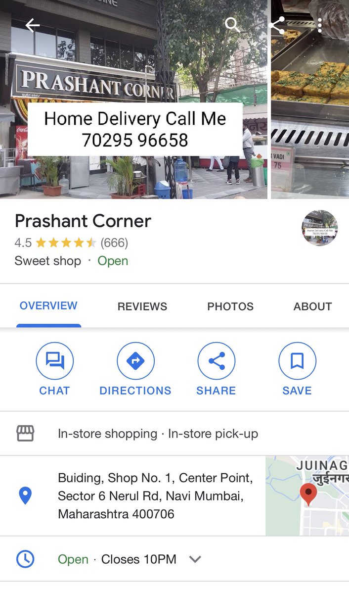 #prashantcorner

There is a number listed on its images when you google search Prashant corner NERUL

The number is a fraud one. If u call on that number, they take ur orders, but say payment can’t be made by UPI. So they ask for debit card details. 
And then fleece you.D image