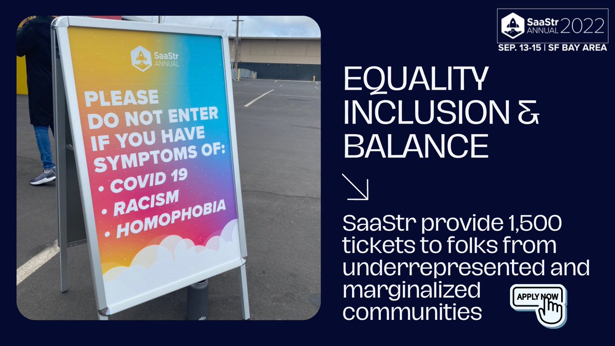 saastr's tweet photo. We are giving away 1,500 complimentary tickets to @SaaStrAnnual, Sep 13-15, to folks from underrepresented/marginalized communities. There are a few hundred left, so grab one before they are gone! Apply today or refer a friend! https://t.co/FMNIISBsxf https://t.co/0ALfimmpbO