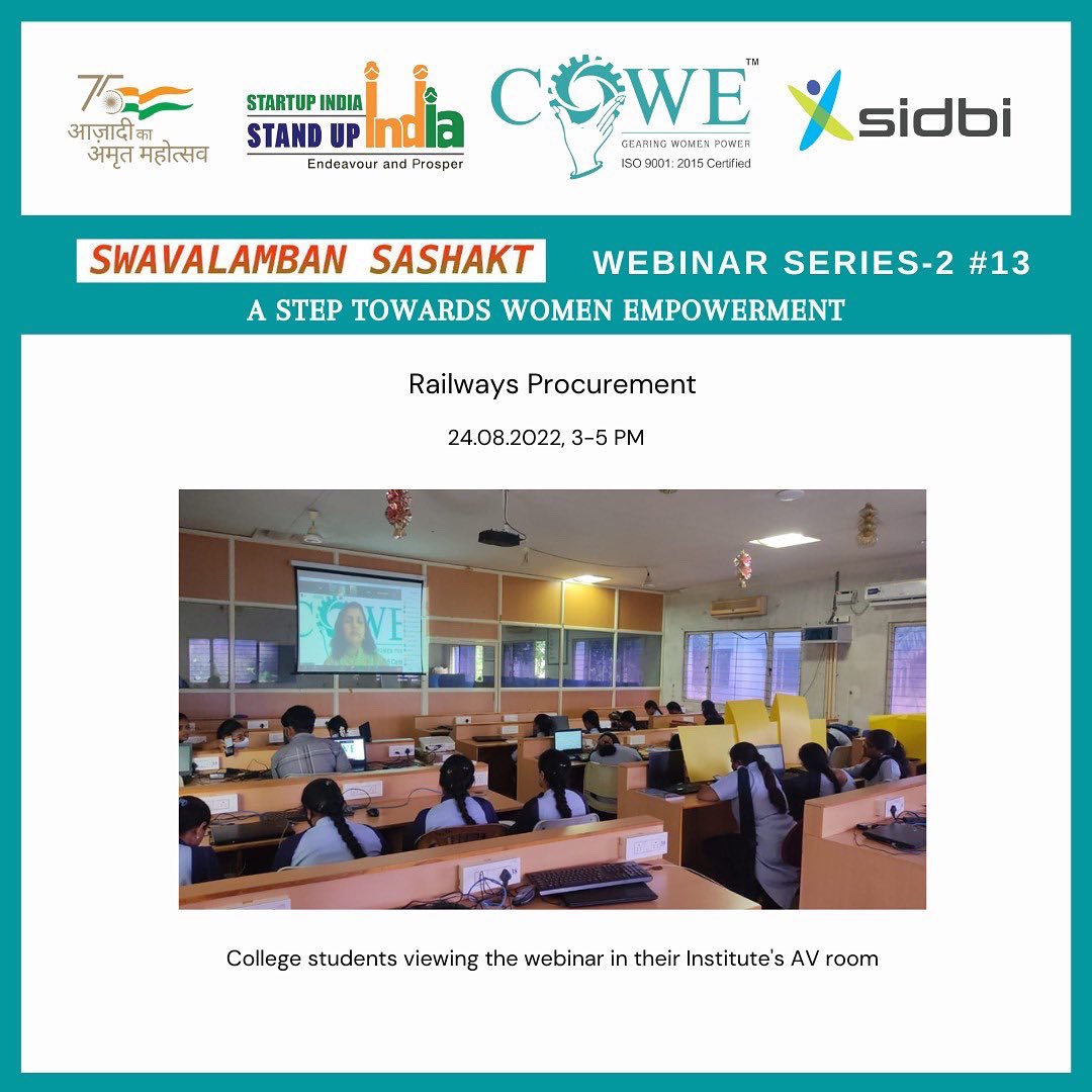 IndiaCowe's tweet photo. The 13th webinar of SWAVALAMBAN SASHAKT WEBINAR SERIES PART -2, was organized by COWE INDIA in association with, SIDBI &amp; STAND UP INDIA on 24th August 2022, covering the business model of ‘Railways Procurement’

@sidbiofficial @FMoINDIA @PMOIndia @StandUp4India https://t.co/kdyuGHXLro