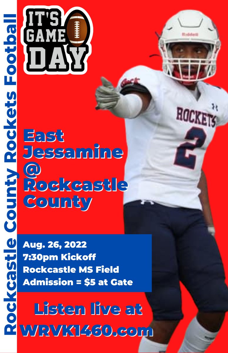 Chad Hensley (@statmanchad) on Twitter photo It’s game day at The Rock as <a href="/coachlarkey11/">chris larkey</a> and the <a href="/RockHardFB/">Rockcastle Football</a> team as they welcome in the East Jessamine Jaguars for the home opener. The Rockets are 1-0 after a 35-24 win over Casey Co.
⏰: 7:30pm
🎟: $5 at the gate
🏟: Rockcastle Co. MS Field
📻: wrvk1460.com It’s game day at The Rock as <a href="/coachlarkey11/">chris larkey</a> and the <a href="/RockHardFB/">Rockcastle Football</a> team as they welcome in the East Jessamine Jaguars for the home opener. The Rockets are 1-0 after a 35-24 win over Casey Co.
⏰: 7:30pm
🎟: $5 at the gate
🏟: Rockcastle Co. MS Field
📻: wrvk1460.com