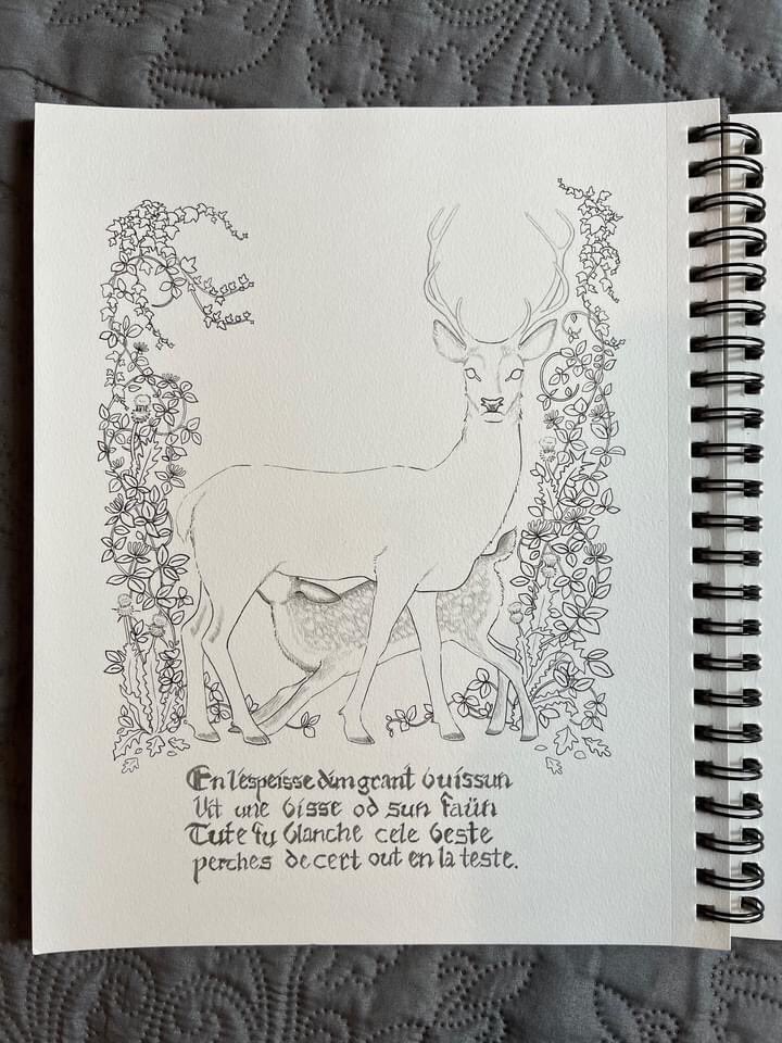 #edinkburgh no.? Hannah just finished <a href="/legroff/">Lauren Groff</a>’s gorgeous novel “Matrix”and was inspired to make some fan art of the white hind with antlers from Marie de France’s Lai of Guigemar