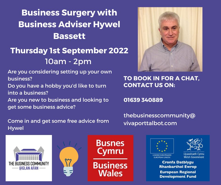 Are you a new business seeking advice &amp; guidance? Hywel will be running a business surgery on 1st Sept in Old Glan Afan School - Drop in for some FREE advice! 

Book your place 👋😃 
☎ 01639 340889 
📧 TheBusinessCommunity@vivaporttalbot.com 
<a href="/VivaPortTalbot/">Viva Port Talbot</a> 
<a href="/NPTCouncil/">Neath Port Talbot Council</a>
