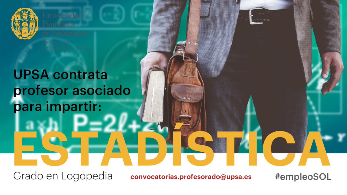 La UPSA contrata profesor asociado para impartir estadística en el Grado en Logopedia. Consulta la web: upsa.es apartado “Trabaja en la UPSA” y encontrarás toda la información. El plazo finaliza el 28 de agosto.