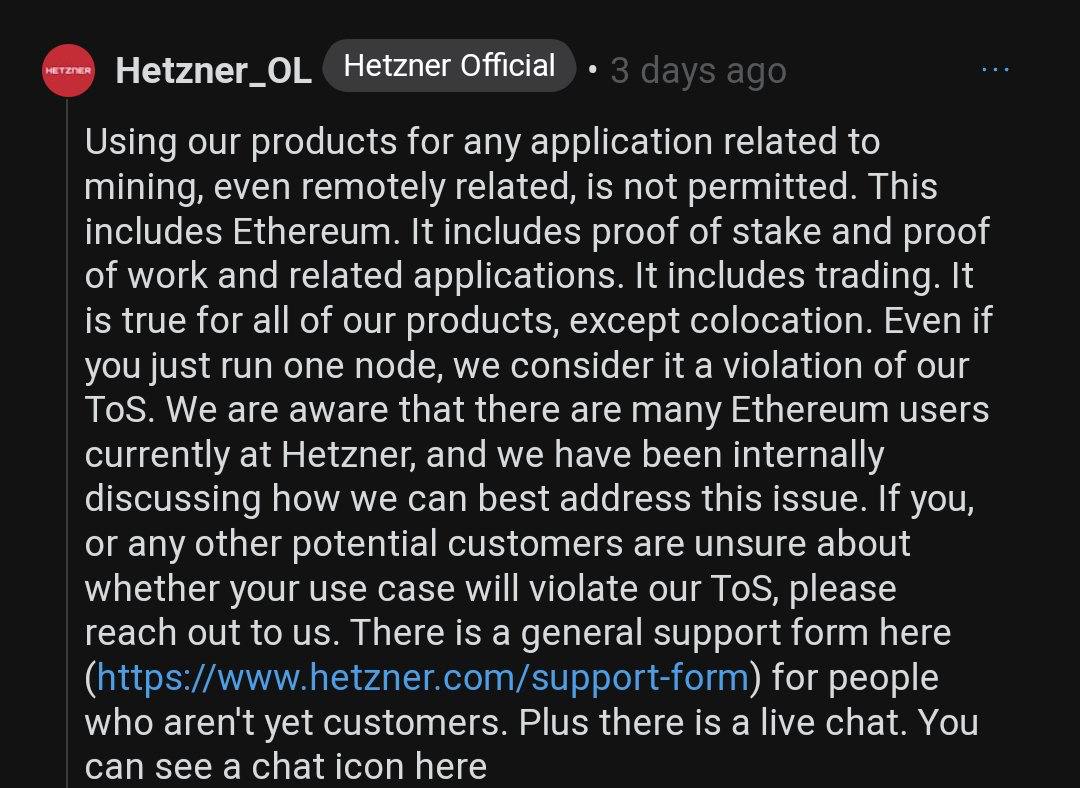 popular data center / web host for Etherum and Cosmos nodes announcing all blockchain activity violates their ToS

they are going to push us to max decentralization
