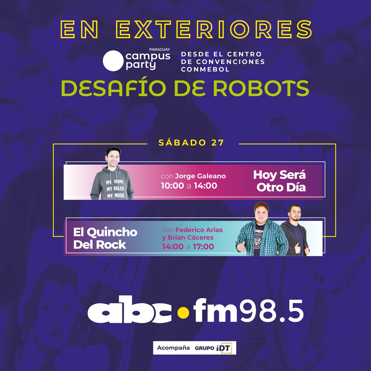 Romance985's tweet photo. 🤖Te esperamos en la transmisión especial desde exteriores en el Desafío de Robots en el #CampusPartyPy
📻Nos encontramos en el Centro de Convenciones Conmebol junto a @JorGaleano y luego con @Fedearias77 y @briancaceresv.
98.5 FM🎧 Solo Éxitos.
📲https://t.co/ZH6HDzQAie https://t.co/6G0XaT5cko