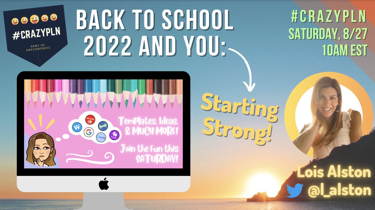 l_alston's tweet photo. Join me this Sat, 8/27 at 10 AM EST as I host this week's #CrazyPLN! I'm 🥳 to share ideas & learn more from my #PLF on how to start the 2022 school yr. on a strong note! 💪
#edtch #edutwitter #PLN #edchat #LBtogetherwecan @henneld_edu @CrazyPln @LBpublicschools @mr_isaacs_math https://t.co/yeFbvYtG0U