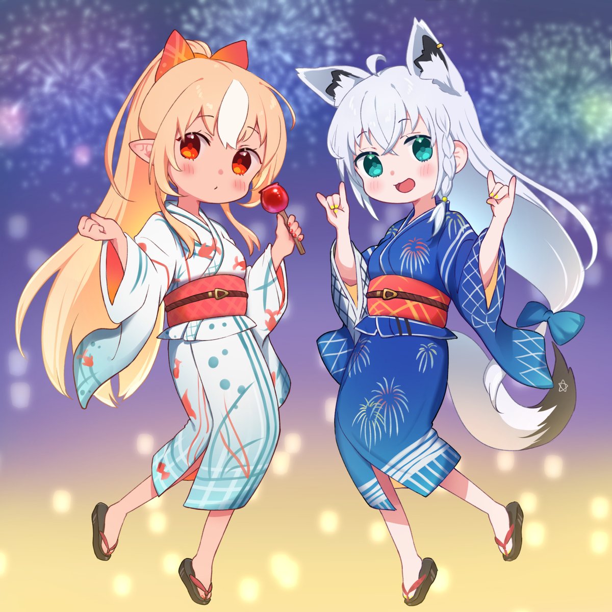 shirakami fubuki ,shiranui flare multiple girls 2girls fox ears white hair kimono animal ears fox tail  illustration images
