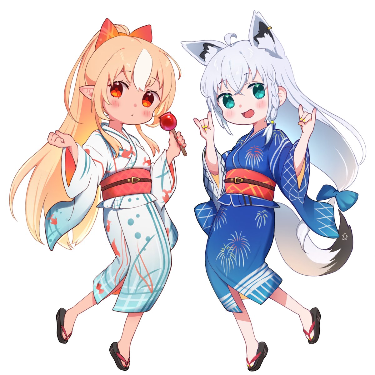 shirakami fubuki ,shiranui flare multiple girls 2girls fox ears white hair animal ears kimono fox girl  illustration images