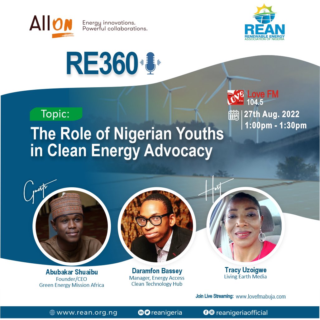 REANigeria's tweet photo. 📢In commemoration of the United Nations International Youth Day 2022, with the support of @AllOn, join us tomorrow on Love FM 104.5 Abuja as we host Abubakar Shuaibu, Daramfon Bassey, & Godwin Jimoh on this August edition of our #RE360 programme.
🗓️ Sat. 27th August | 1pm (WAT) https://t.co/Pp5v6hFlm6