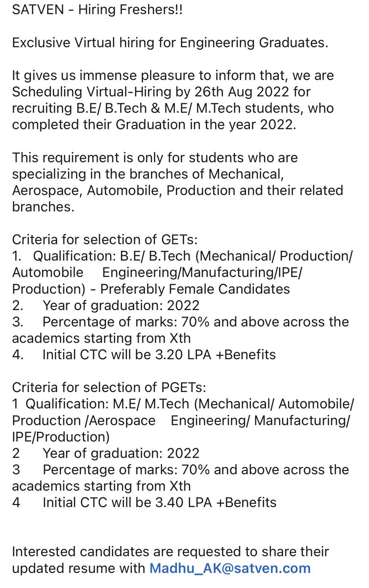 AnithaChelliah's tweet photo. #hiringfreshers #fresheropportunities #fresherjobs #freshers #BEbtech #MEMtech https://t.co/LAYt4mI3KO