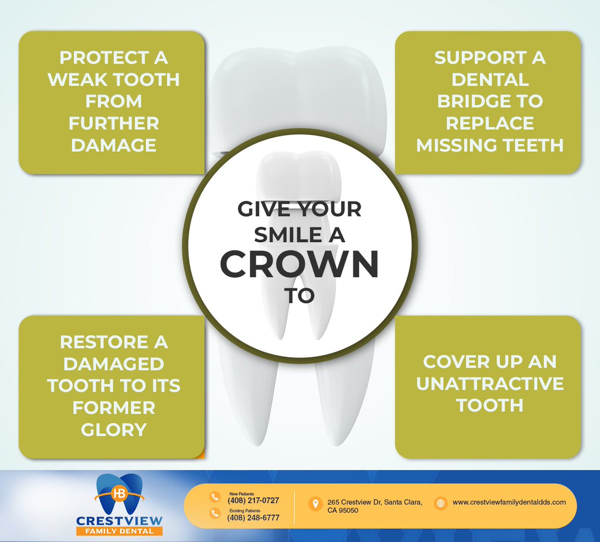 Your smile can benefit from a dental crown in many different ways. Crestview Family Dental- Kavneet Bindra, DDS  provides custom-made, attractive dental crowns to elevate your smile. 
#dentalcrown #damagedtooth #crestviewfamilydental #kavneetbindradds #CA