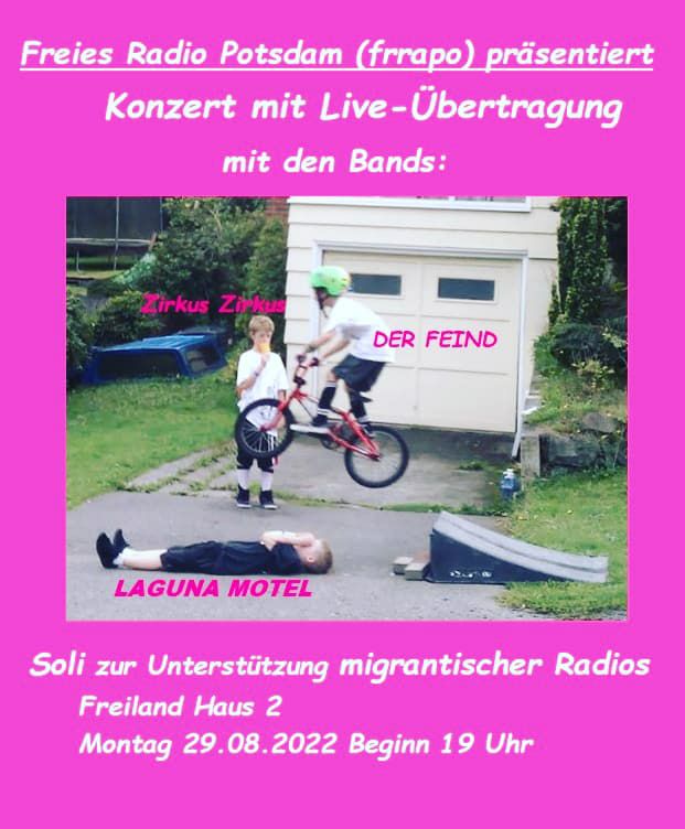 freilandpotsdam's tweet photo. Am 29.08. um 19:00 Uhr gibt's im @TavernaHausZwei den 5. Montag im @FrrapoPDM - Live-Soli-Konzert-Programm im Radio und in Farbe! Der Feind, Zirkus Zirkus und Laguna Motel! Kommt rum oder schaltet ein 90.7 MHz in Potsdam & 88.4 MHz in Börlin!#frrapó #runawayhits #fuerimmerpunk https://t.co/S6KWkzMiMC