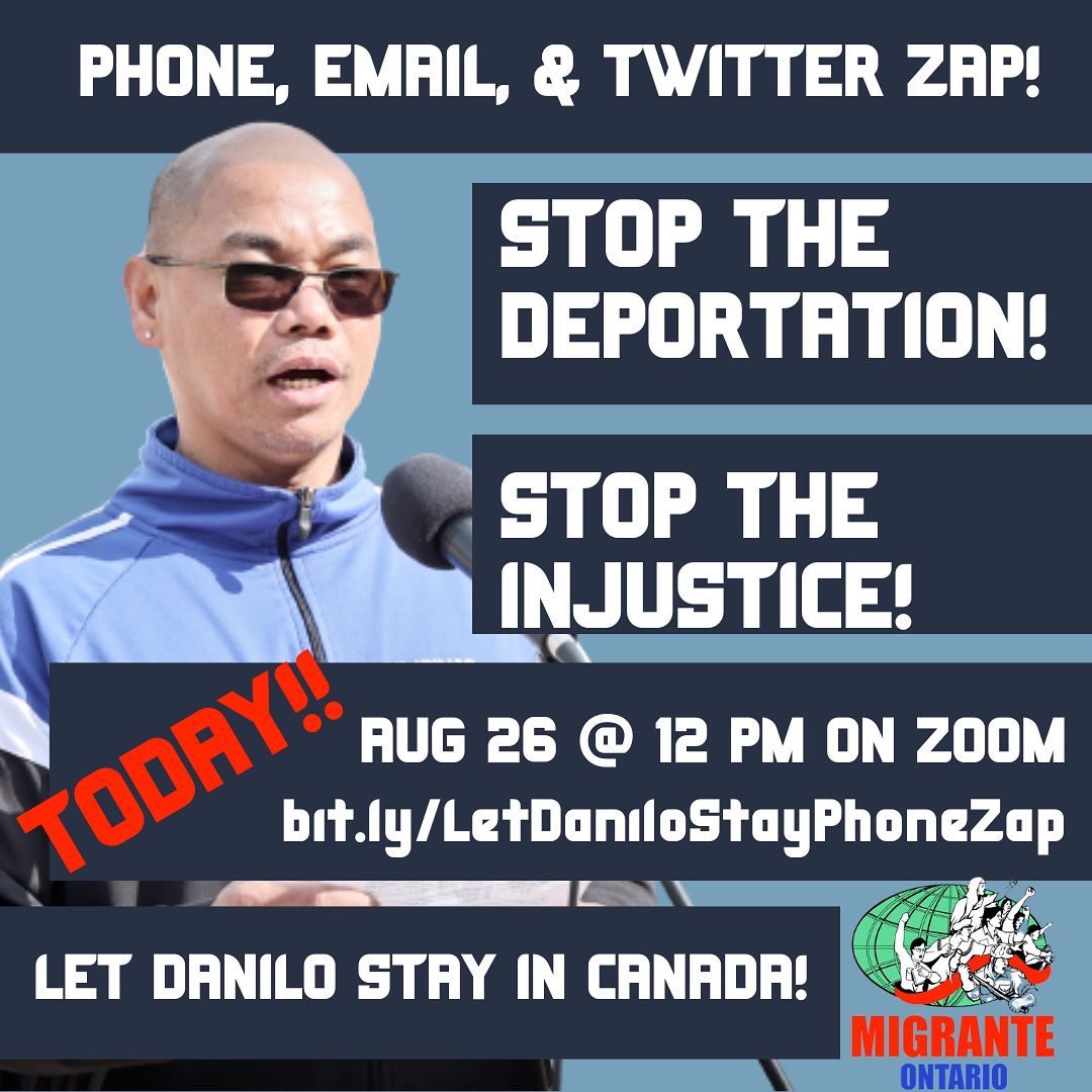 CPSOToronto's tweet photo. ‼️URGENT‼️Danilo De Leon is set to be deported in just FOUR DAYS! Migrante Ontario is urgently calling on all allies to join a phone zap TODAY at noon on zoom to demand: Let Danilo Stay In Canada! Join here ➡️https://t.co/mu51XWDj94
#LetDaniloStayInCanada
#RegularizeNow https://t.co/qfF6H83jqt