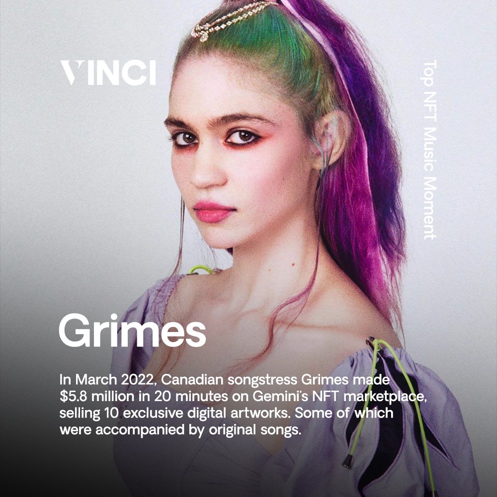byvinci_io's tweet photo. 🔸Top NFT Music Moment🔸

In March 2022, Canadian songstress Grimes made $5.8 million in 20 minutes on Gemini's NFT marketplace, selling 10 exclusive digital artworks. Some of which were accompanied by original songs.

#MusicNFT #NFTCommunity https://t.co/JBs4hma5Bj