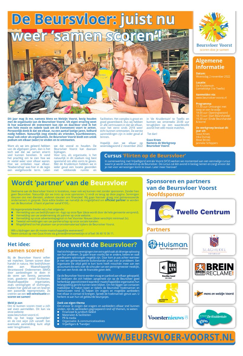 𝑷𝒂𝒈𝒊𝒏𝒂 𝒊𝒏 𝒉𝒆𝒕 𝑽𝒐𝒐𝒓𝒔𝒕𝒆𝒓 𝑵𝒊𝒆𝒖𝒘𝒔!
Viel deze mooie pagina in het Voorster Nieuws jou ook op? 

Doe dit jaar ook mee met dé Beursvloer en meld je aan via: beursvloer-voorst.nl/aanmelden/
