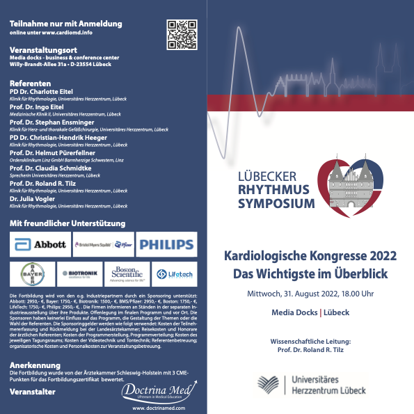 RolandTilz's tweet photo. ESC Kongress Update - noch 5 Tage bis zum Lübecker Rhythmussymposium 
➡️#rhythmology 
➡️#heartsurgery 
➡️#cardiology
Tolle Referenten inkl. #EHRA President Elect @purerfellner @giuliavogler @ChristianHeeger @IngoEitel @CharlotteEitel 

➡️Box Case

@escardio @YoungDgk @AGEP_DGK https://t.co/bvCIVGR4qP