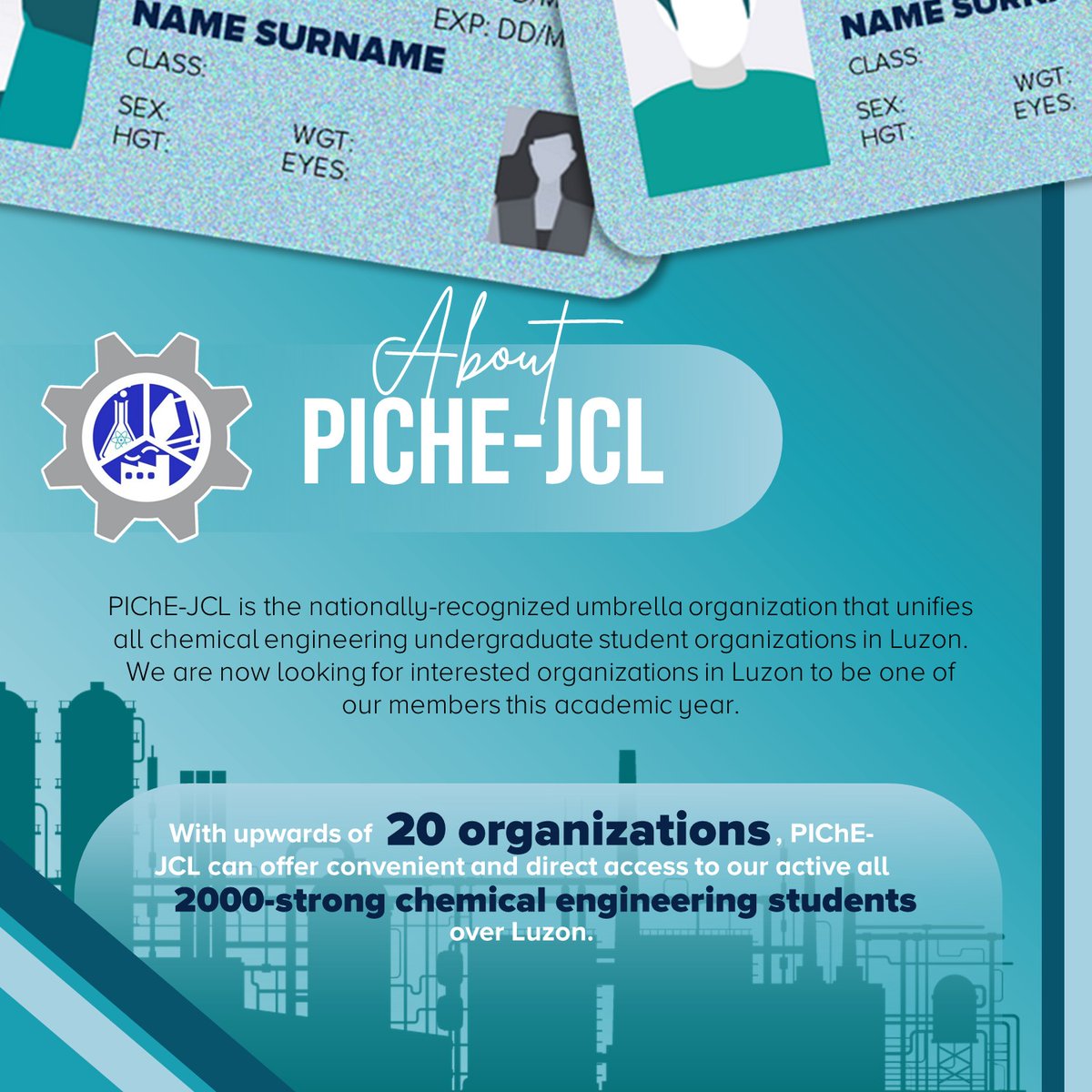 PIChEJCL's tweet image. 𝗖𝗔𝗟𝗟 𝗙𝗢𝗥 𝗠𝗘𝗠𝗕𝗘𝗥𝗦𝗛𝗜𝗣
A new chapter awaits endless possibilities. This academic year, PIChE-JCL is inviting you to be a part of the nationally-recognized umbrella organization that aims to unify all chemical engineering undergraduate student organizations in Luzon.
