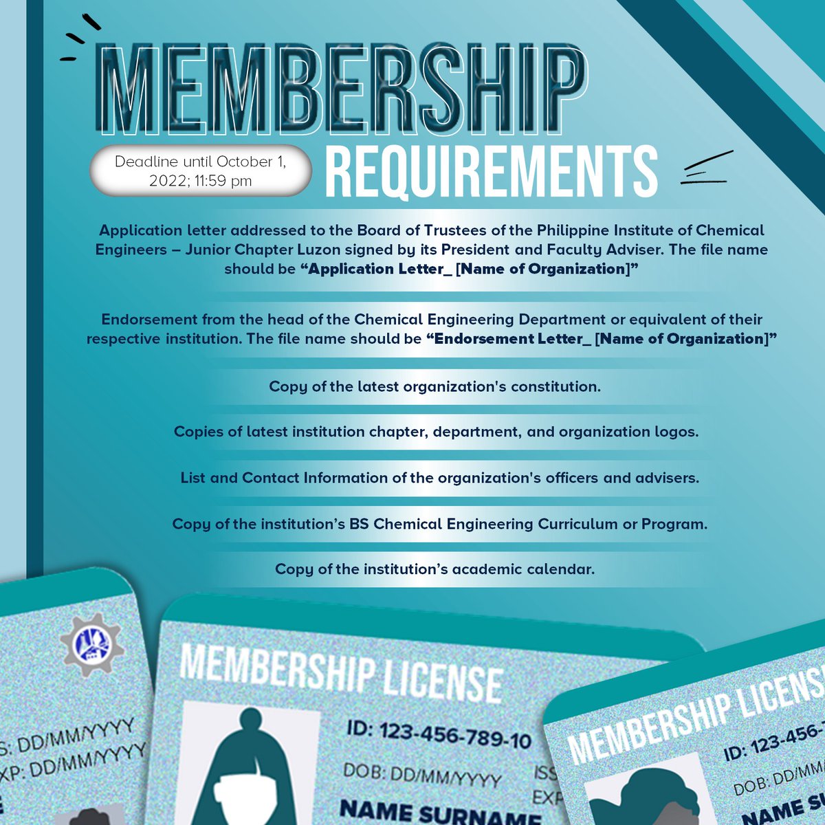 PIChEJCL's tweet image. 𝗖𝗔𝗟𝗟 𝗙𝗢𝗥 𝗠𝗘𝗠𝗕𝗘𝗥𝗦𝗛𝗜𝗣
A new chapter awaits endless possibilities. This academic year, PIChE-JCL is inviting you to be a part of the nationally-recognized umbrella organization that aims to unify all chemical engineering undergraduate student organizations in Luzon.