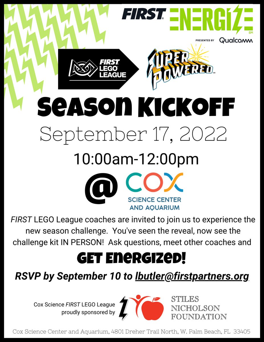 Join us for a FIRST LEGO League Season Kickoff Event at the Cox Science Center and Aquarium Stiles-Nicholson STEM Education Center!