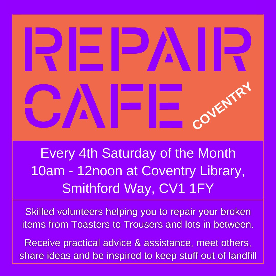 RepairCafeCov's tweet photo. Got something that needs a little fixing? See you at the Repair Cafe tomorrow. We start at 10am in the Central Library. #repair #fixit https://t.co/qAlR0Cz7P1