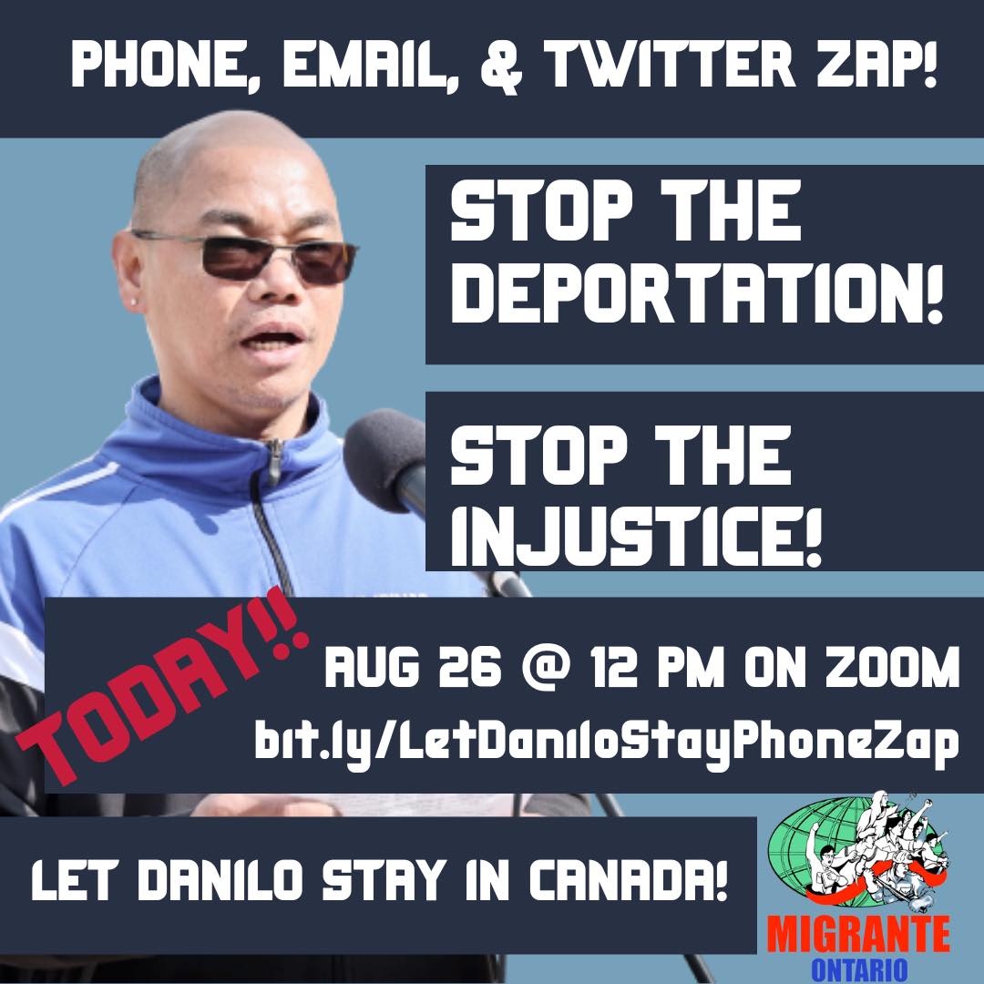 anakbayanto's tweet photo. ‼️URGENT‼️Danilo De Leon is set to be deported in just FOUR DAYS! Migrante Ontario is urgently calling on all allies to join a phone zap TODAY at noon on zoom to demand: Let Danilo Stay In Canada! Join here ➡️https://t.co/g6UAbfAwEC
#LetDaniloStayInCanada
#RegularizeNow https://t.co/BMmC2Nha95
