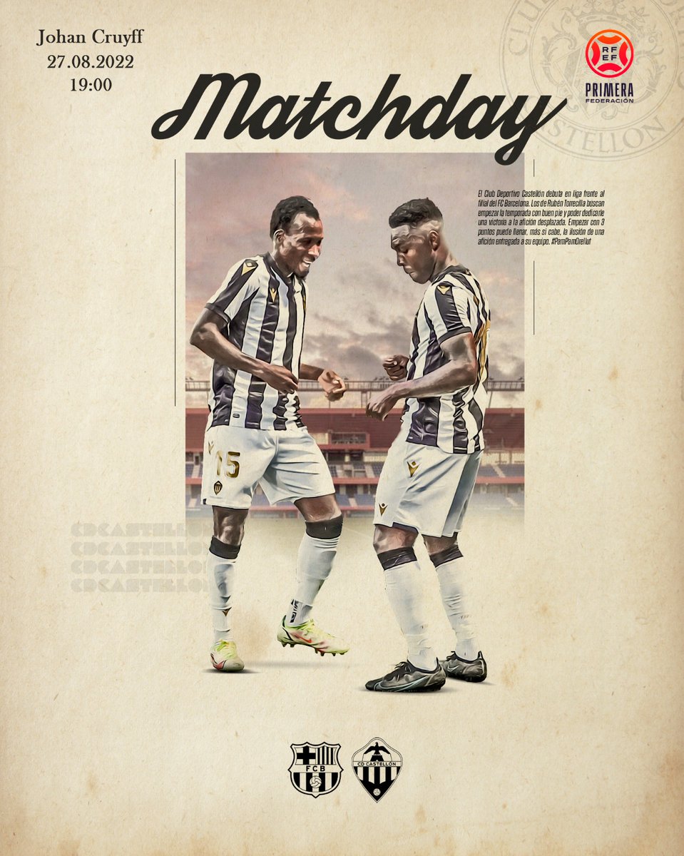 CDCastellon's tweet photo. ⚽ DIA DE PARTIT / MATCHDAY ⚽

Primera batalla de la temporada! Anem a per totes a Barcelona per portar-nos els tres primers punts d'aquesta campanya 2022-23 cap a la capital de la Plana! ⚔⚪⚫

🆚 @FCBarcelonaB

🏟  Johan Cruyff 
🗓  27 de agosto
⌚  19:00 h

#PPO100👂 https://t.co/JQnYpKoG1u