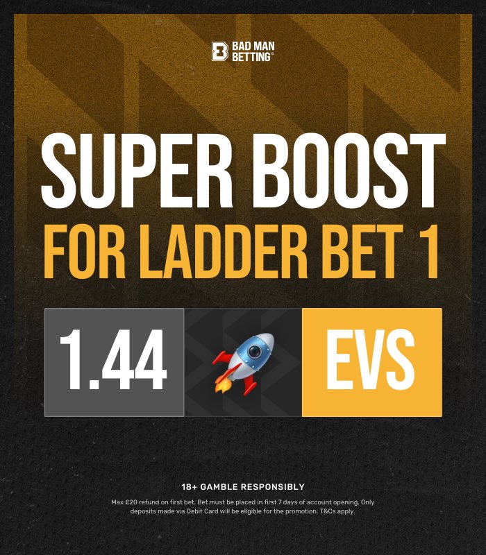 BadManBetting's tweet image. 🪜 £10-£500 LADDER BET 1!

😮‍💨 Super Boost anyone? We’ve got EVENS instead of 1.44.

Load it: bit.ly/BMBLadderB1

Join Betfair to get the odds that you won’t get elsewhere: bit.ly/BF-JOIN-UP

(18+, gamble responsibly. Ad)