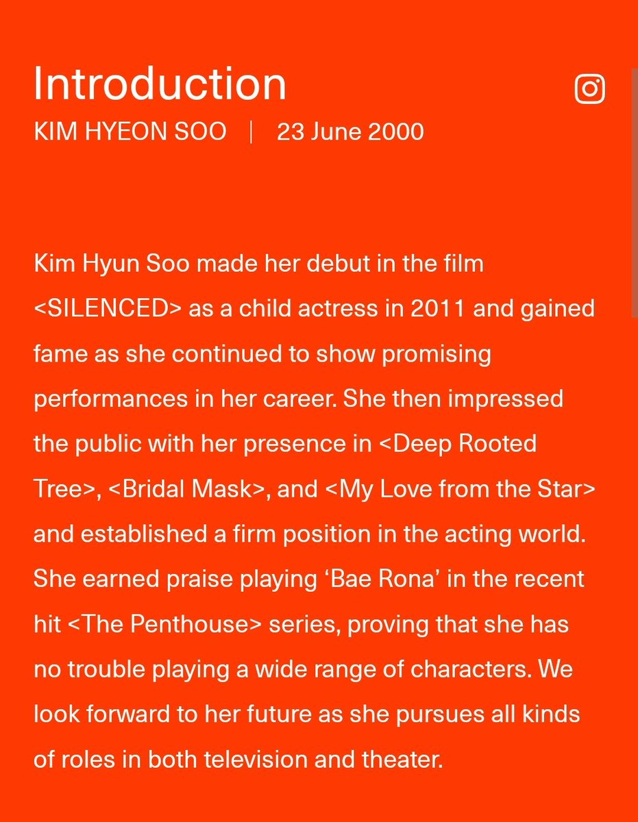ANDMARQ website update:
"We look forward to her future as she pursues all kinds of roles in both television and theatre"
So excited to see actress Hyeonsoo again🥰💌

#김현수 #KimHyeonSoo #ကင်ဟျွန်းဆူ #金贤秀 #KimHyunSoo #Kimhyeonsoomyanmarfanbase