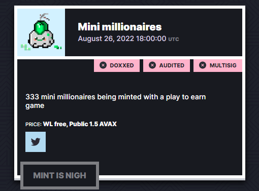 <a href="/MiniMillionair/">🔺Mini🔺Millionaires 🔺| Mint TODAY on AVAX</a>  
a #freemint for WL,  Public is 1.5 #AVAX  
Minting at 6PM UTC/Public 8:30PM on <a href="/0xCampfire/">Campfire 🔺</a> 
campfire.exchange/collections/0x…
submitted to #wenlaunch by a #bananaz #nft holder
joepegs.com/collections/ba…