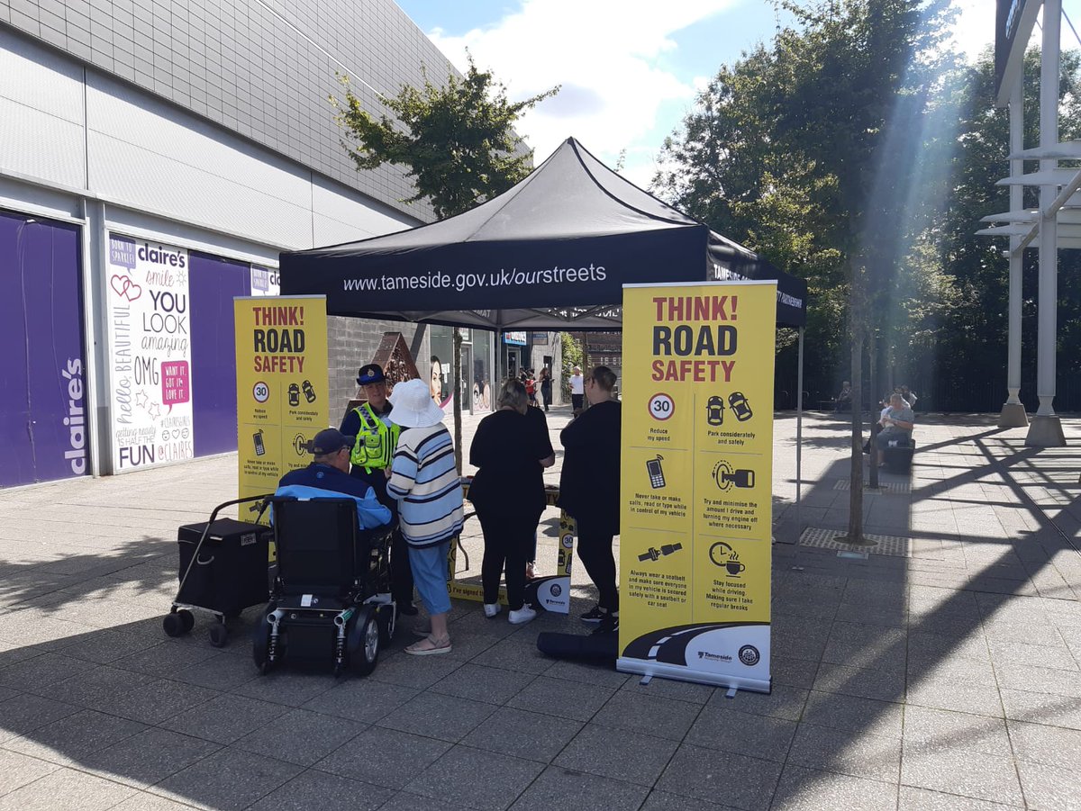 TamesideCouncil's tweet photo. This road-safety themed stall is part of an #OperationSaferTameside event at Crown Point North, Denton, today. Police officers have been carrying out traffic enforcement and council licensing officers have been checking taxis. https://t.co/MMo3gPVyUU