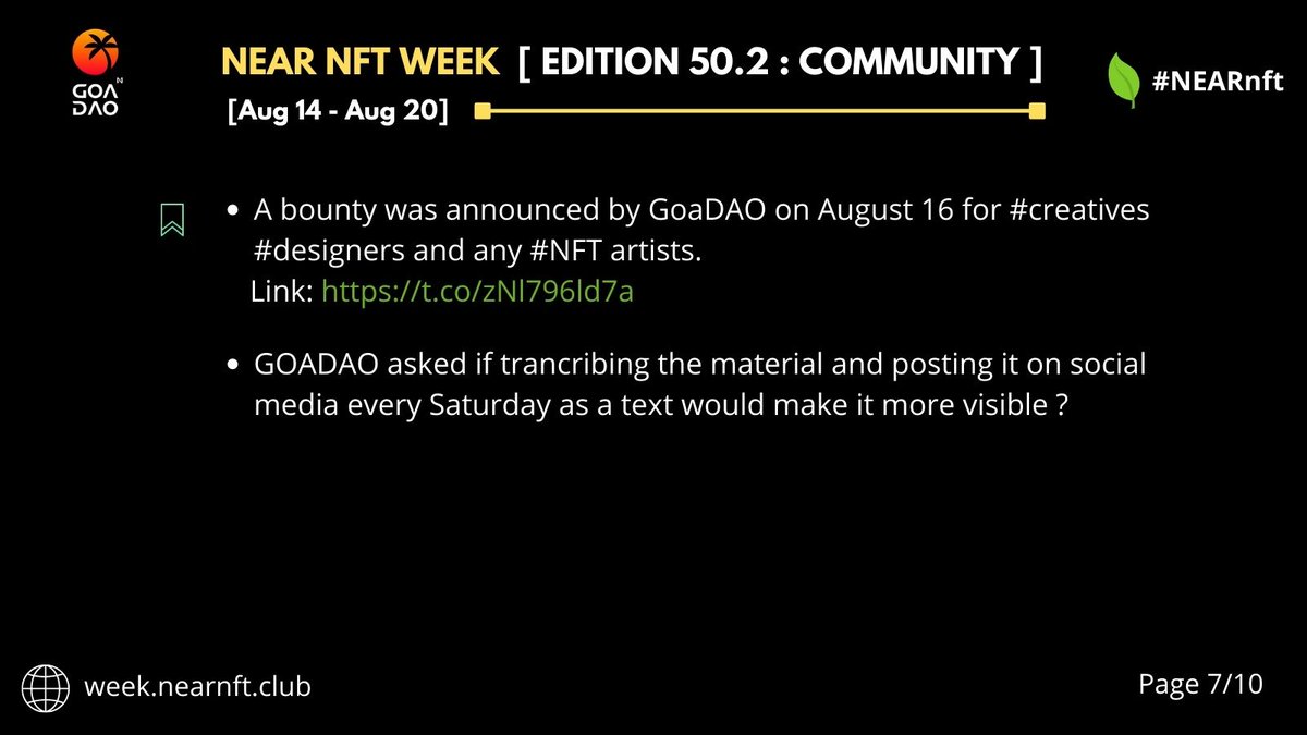 Weekly Highlights
<a href="/GoaNEARopenweb/">GoaDAO NEAR</a>

✅ Bounty by <a href="/GoaNEARopenweb/">GoaDAO NEAR</a>
Team

#NFT $NEAR #NFTCommmunity
#NEARnft #NEARnftWEEK