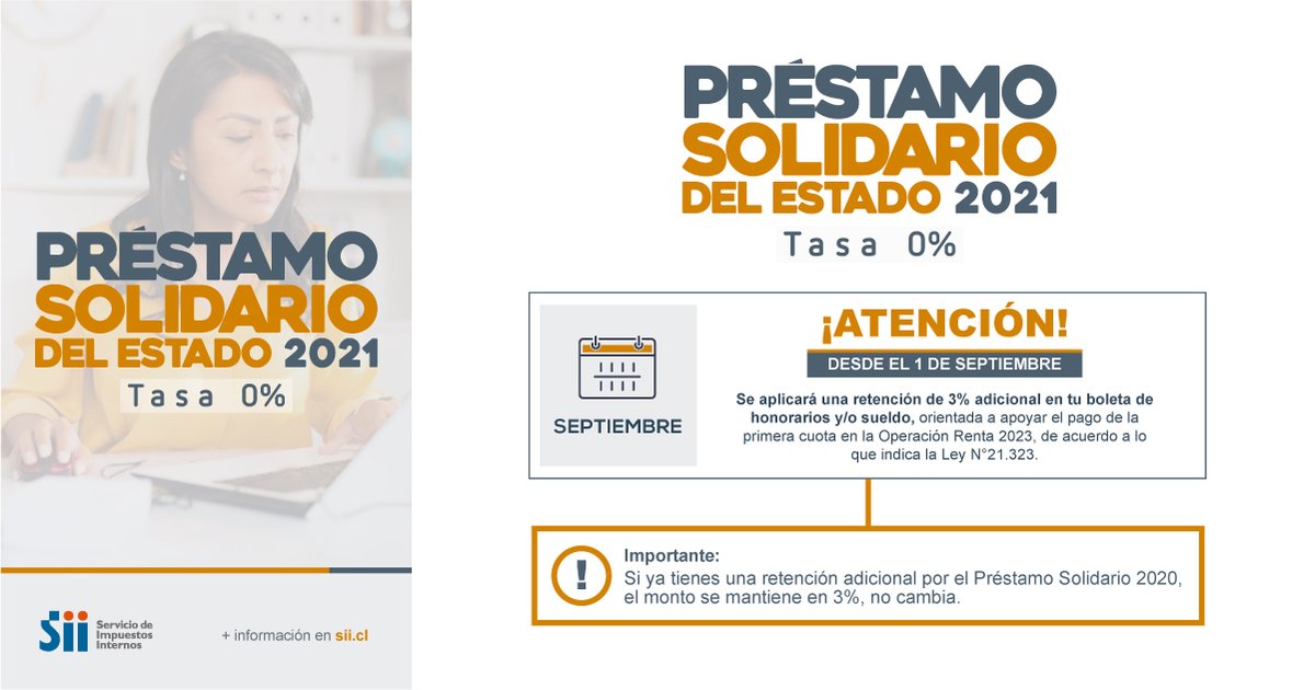 SII_Chile's tweet photo. [RETENCIÓN DEL 3% ADICIONAL PARA APOYO PAGO PRÉSTAMO SOLIDARIO 2021]: Si solicitaste este beneficio, revisa esta importante información. https://t.co/t7MPIizbBe