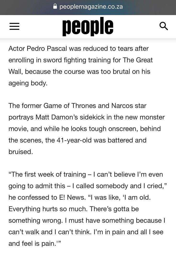 sweet_sub_sky's tweet photo. Just to remind ppl, P had a shitty time filming #thegreatwallmovie because he has a bad back. He still showed up brought his A game so everyone can enjoy the legend that is Pero Tovar #PedroPascal #mattwho https://t.co/vRzYrdbyrP