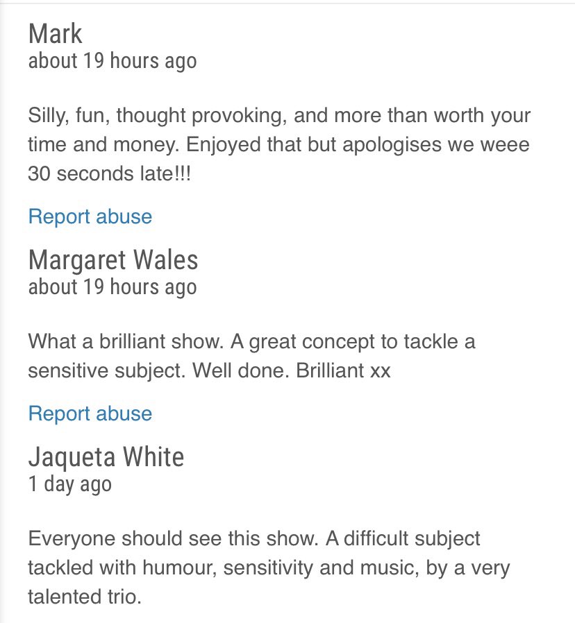 Three more audience reviews but only TWO MORE SHOWS! 

We have loved having audiences viewing our show and want to make sure we go out on a bang! If you haven’t seen the show yet, what are you doing! 

6:05pm only today and tomorrow 🌟