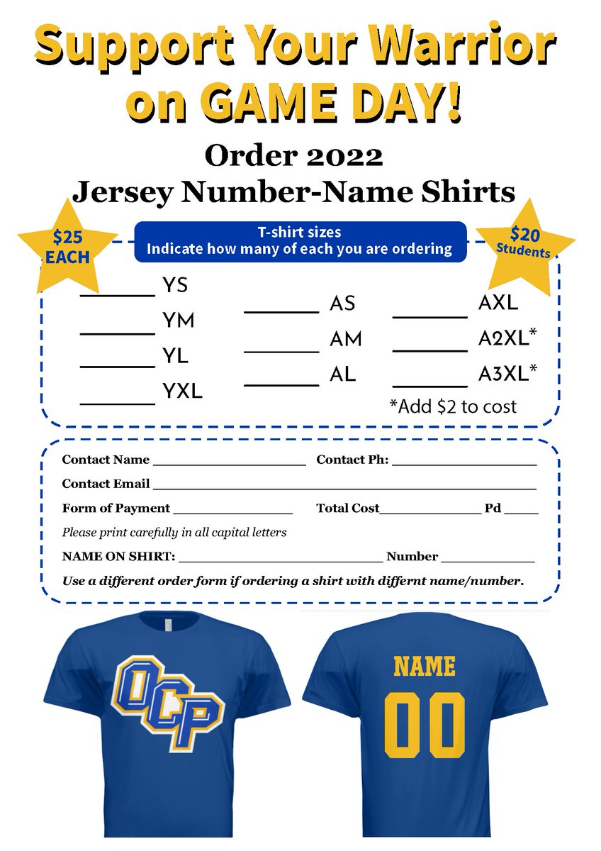OCPAthletics's tweet photo. 🚨Parents, Family, Students... Don't miss a chance to "Support Your Warrior on Game Day" with their last name and number on your back.
This limited time offer is available until Aug. 31. Cash and Credit Card payment accepted. Orders can be submitted to OCP office. #SeasonofTruth https://t.co/IcLgSOHH2C