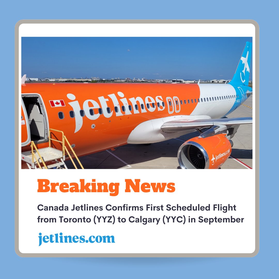BREAKING NEWS:  Canada Jetlines Confirms First Scheduled Flight from Toronto to Calgary in September 2022! ✈️

Visit Jetlines.com today to view flight schedules and book flights and vacation packages with your preferred travel agent today. #CanadaJetlines