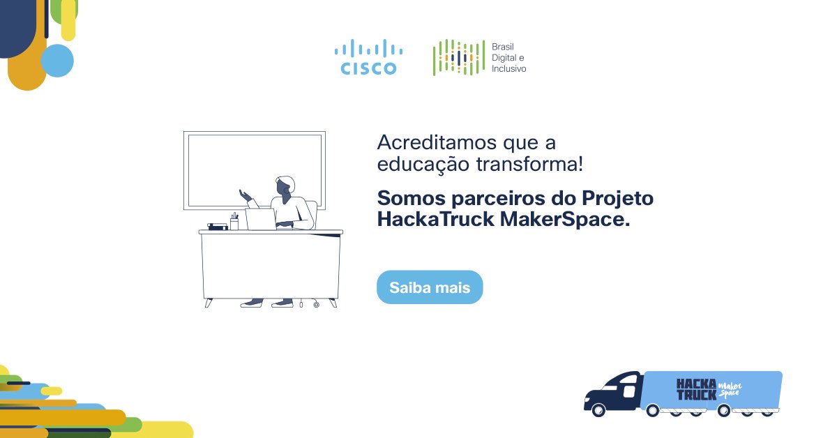 CiscoDoBrasil's tweet photo. A Cisco é a mais nova parceira do Projeto #HackaTruck MakerSpace, que junto à @IBMBrasil e outras instituições, leva capacitação profissional de forma itinerante à estudantes de graduação em TI em todo o Brasil.
Saiba mais: https://t.co/veng3lflID https://t.co/CkteHuVplf