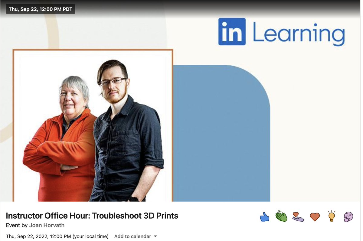 Joan Horvath (@joanhorvath) on Twitter photo It's back-to-learning time! Save the date (and your spot!) at our next <a href="/LI_learning/">LinkedIn Learning</a> Office Hour 9/22 Noon Pacific. <a href="/whosawhatsis/">Whosawhatsis?</a> and I will take a deep dive into our "Additive Manufacturing: Troubleshoot 3D Prints" course. #3dprinting linkedin.com/video/event/ur… It's back-to-learning time! Save the date (and your spot!) at our next <a href="/LI_learning/">LinkedIn Learning</a> Office Hour 9/22 Noon Pacific. <a href="/whosawhatsis/">Whosawhatsis?</a> and I will take a deep dive into our "Additive Manufacturing: Troubleshoot 3D Prints" course. #3dprinting linkedin.com/video/event/ur…