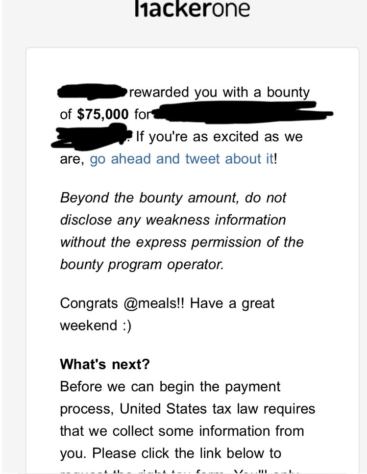 seanmeals's tweet photo. Wow, what a moment to receive a bounty like this on @Hacker0x01 https://t.co/wqKDZZlpYb