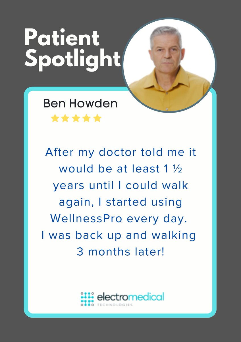 electromedtech's tweet photo. After falling off of a 2-story building, Ben Howden prognosis was dire
After surgery, his doctors told him it would be at least 1.5 years until he could walk again
Ben began using the #WellnessPro Plus, along with physical therapy, and was able to walk on his own within 3 months https://t.co/N4f6wNiQoK