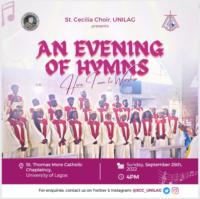 SCC_Unilag's tweet photo. Drum Rolls!! 🥁🥳🎉
St. Cecilia Choir, UNILAG presents to you: An Evening of Hymns. ✨✨

Theme: Here I Am To Worship. Attendance is FREE!

If you love good music, you don't want to miss this! See you there!!!
#SCCUnilagEveningOfHymns https://t.co/vvsjBGaAkT