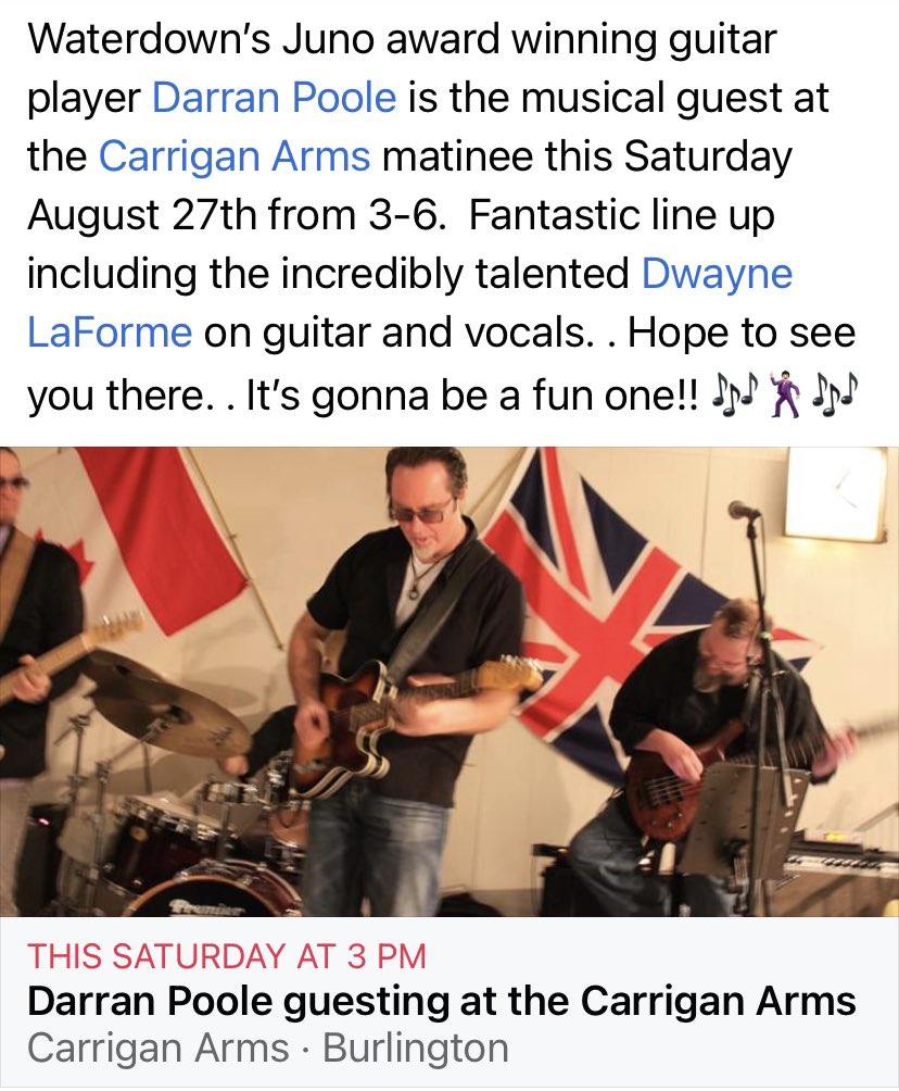SAT AUG 27th Carrigan Arms in Burlington, ON 
SHOWTIME: 3 - 6 pm