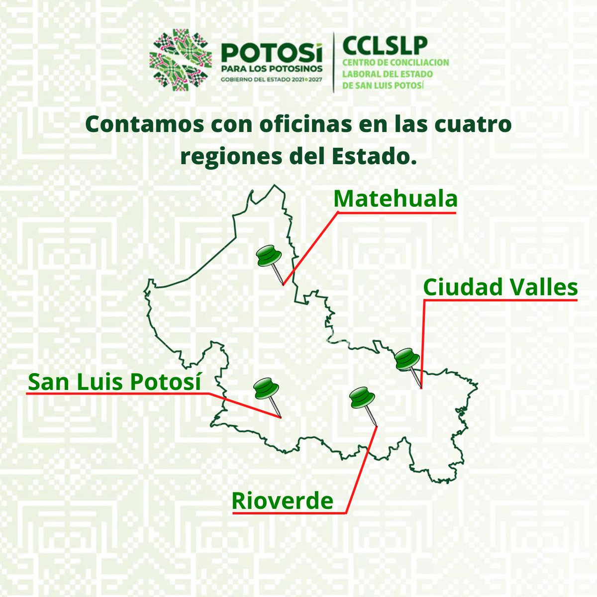 CCLslp's tweet photo. El 🏢 Centro de Conciliación Laboral del Estado de San Luis Potosí cuenta con 🏛 oficinas en las cuatro regiones del estado.
Si tienes un conflicto laboral, recuerda #Conciliar 🤝.
#STPS
#CCLSLP
#PotosíParaLosPotosinos https://t.co/nDbfHG6JTs