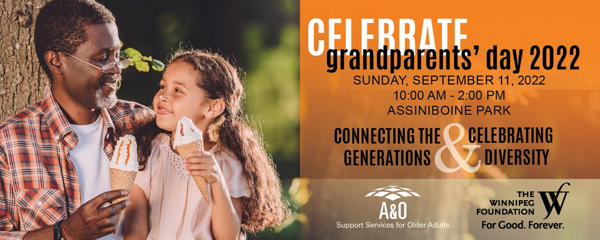 Let's celebrate Grandparents’ Day on Sunday, September 11th from 10:00 am – 2:00 pm at Assiniboine Park, Lyric stage and field. There will be resource booths, active living demos, storytelling, music, face painting, and so much more! bit.ly/3AR9BC7