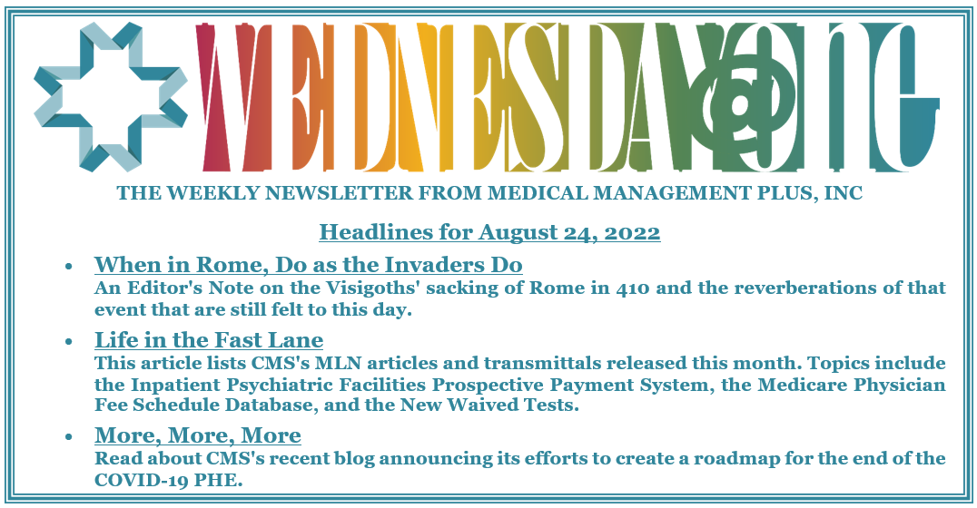 RTMDInsights's tweet photo. In this week's issue of Wednesday@One, read about the Visigoths and CMS's latest MLN articles and transmittals. For a free subscription to Wednesday@One, go to https://t.co/rq9LSpJbBq https://t.co/JGrjDM7BFO