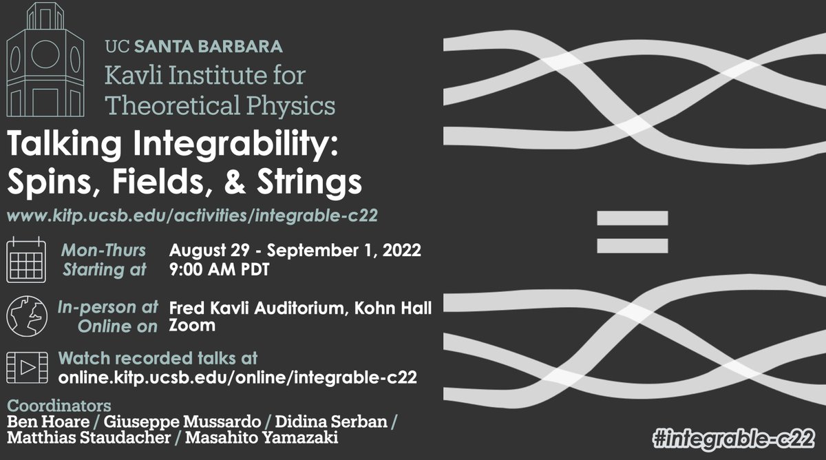 KITP_UCSB's tweet photo. Welcome to the Talking Integrability: Spins, Fields, and Strings (#integrable-c22) conference, this week at #KITP!
More info at: https://t.co/6xbRRpphmo
Stay tuned for recorded talks at: https://t.co/mX9bI2siut https://t.co/dePujGl1Yl
